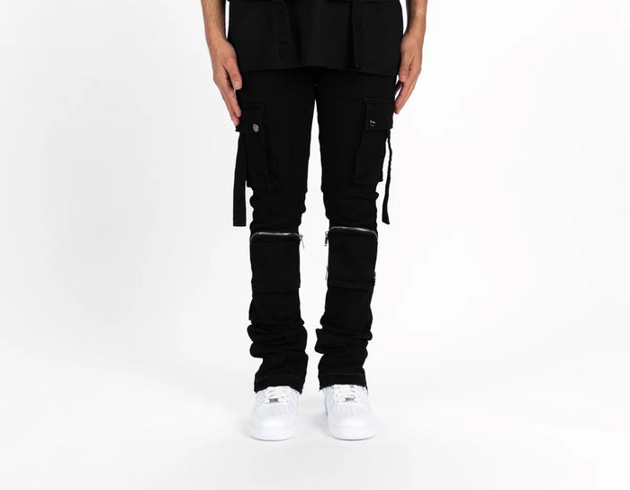 “NEVER LOOK BACK” CARGO FLARE STACK DENIM