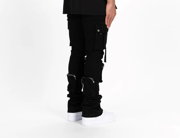 “NEVER LOOK BACK” CARGO FLARE STACK DENIM